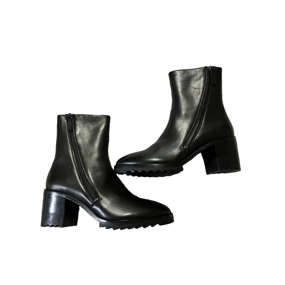 Vaneli Black Leather Ankle Boots New Block Heel Zipper Chunky 7.5 N